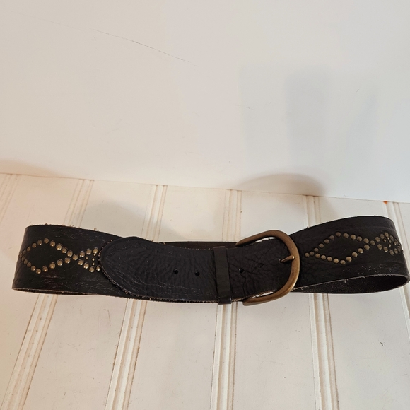 Vintage Fossil Studded Brown Leather Belt Wide Western Moto Boho L main image 7